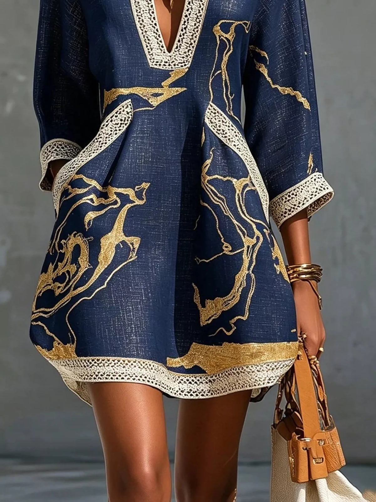Notched 3/4 Sleeve Lace Mini Dress