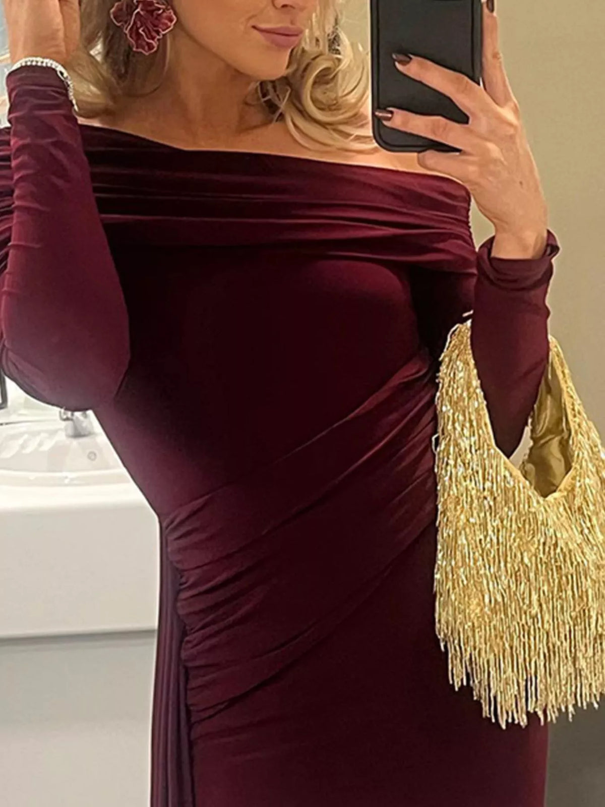 One-Shoulder Ruched Maxi Dress in Wine Red