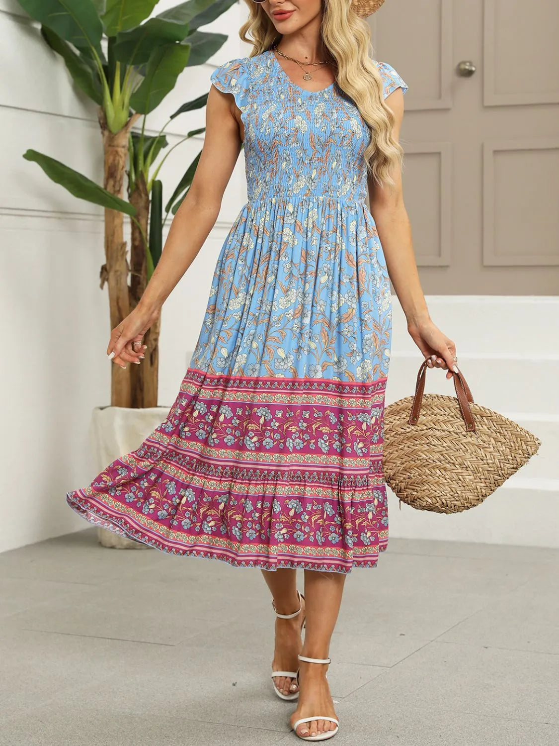 Printed Round Neck Cap Sleeve Dress by Golden Gueen