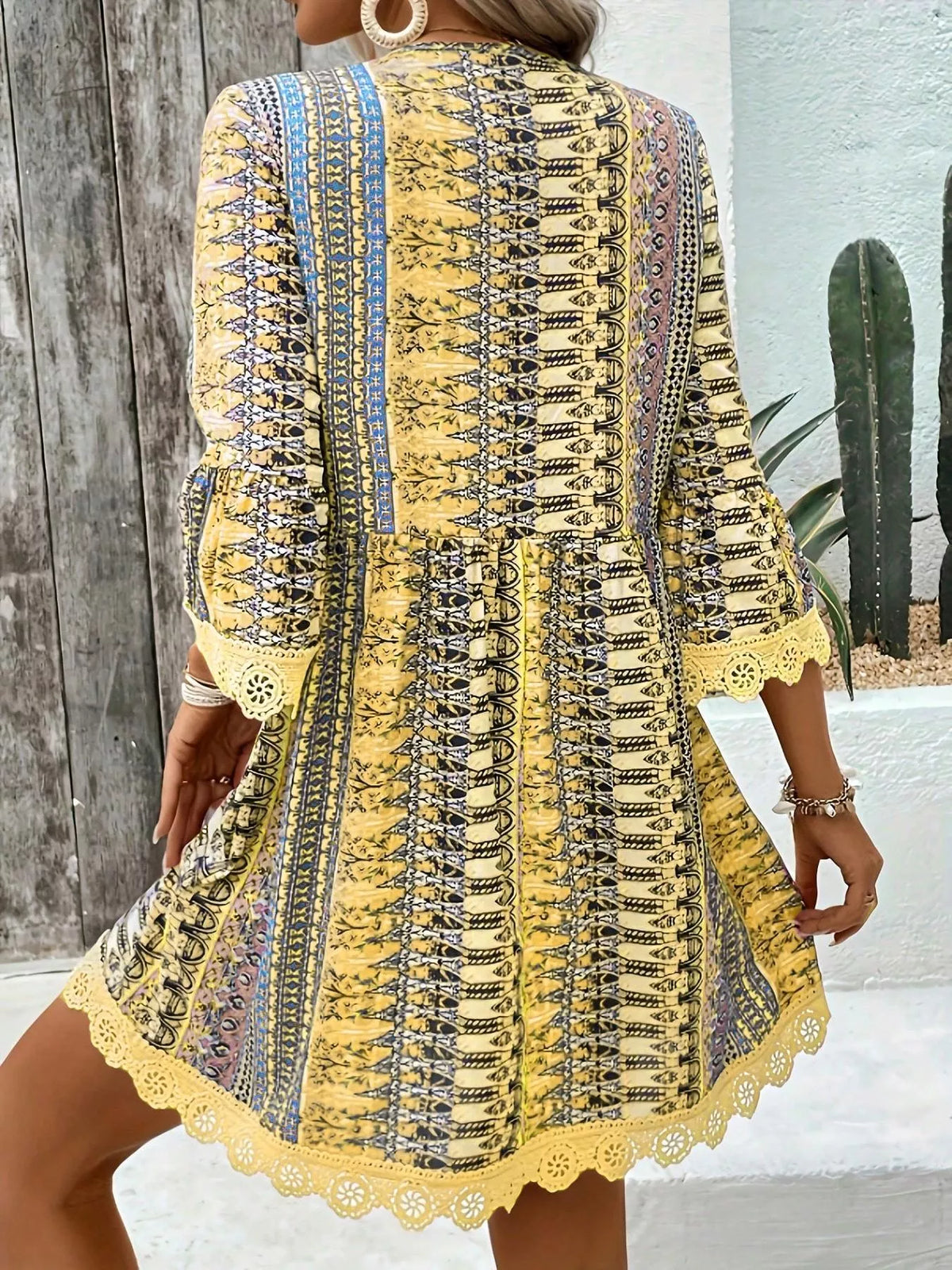 Printed V-Neck A-Line Dress with Lace Detail