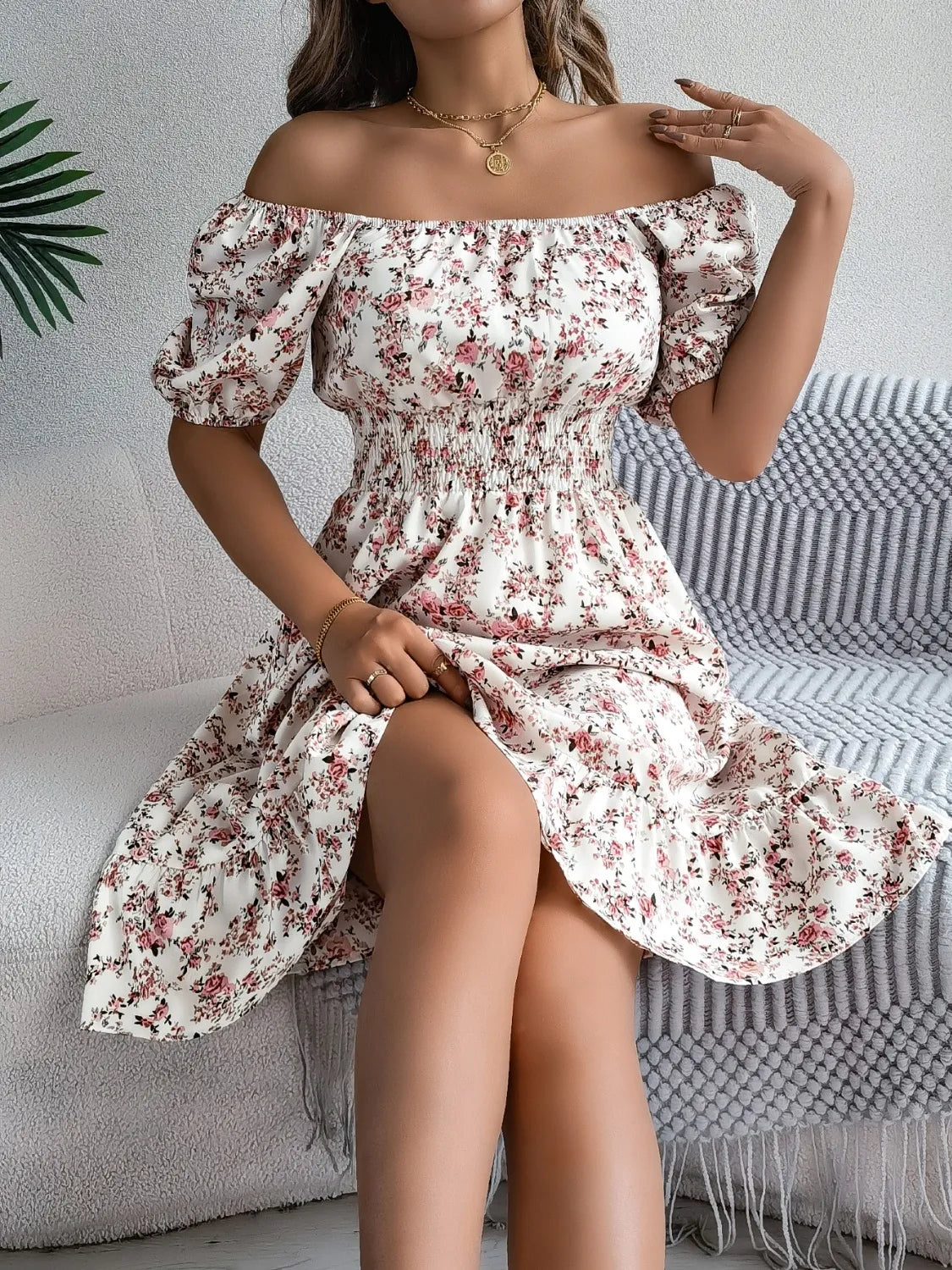 Ruffled Hem Floral Puff Sleeve Dress