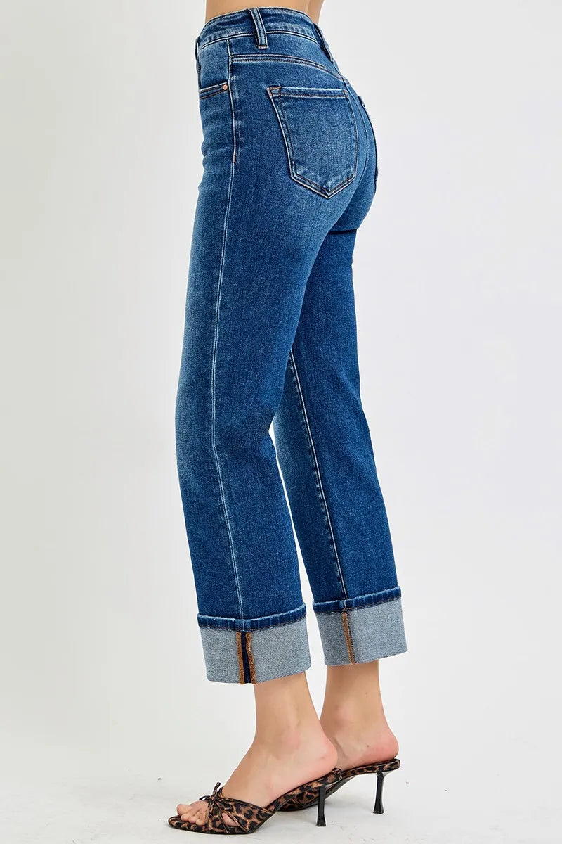 Risen High Rise Ankle Straight Jeans in Dark Wash