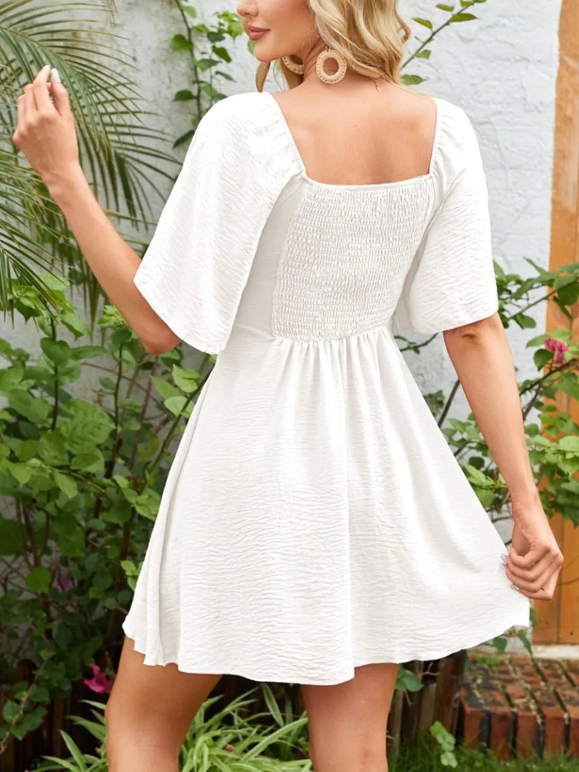Smocked Back Knotted Flutter Sleeve Dress by Gen Beauty