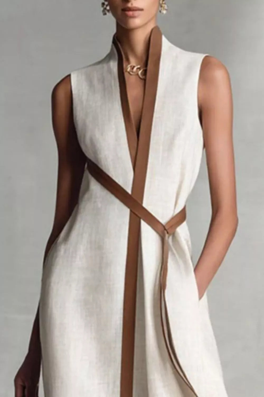 Sleeveless Contrast-Trim Midi Dress