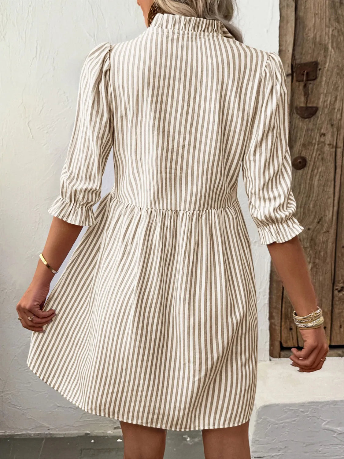 Striped Half Sleeve Dress in Tan