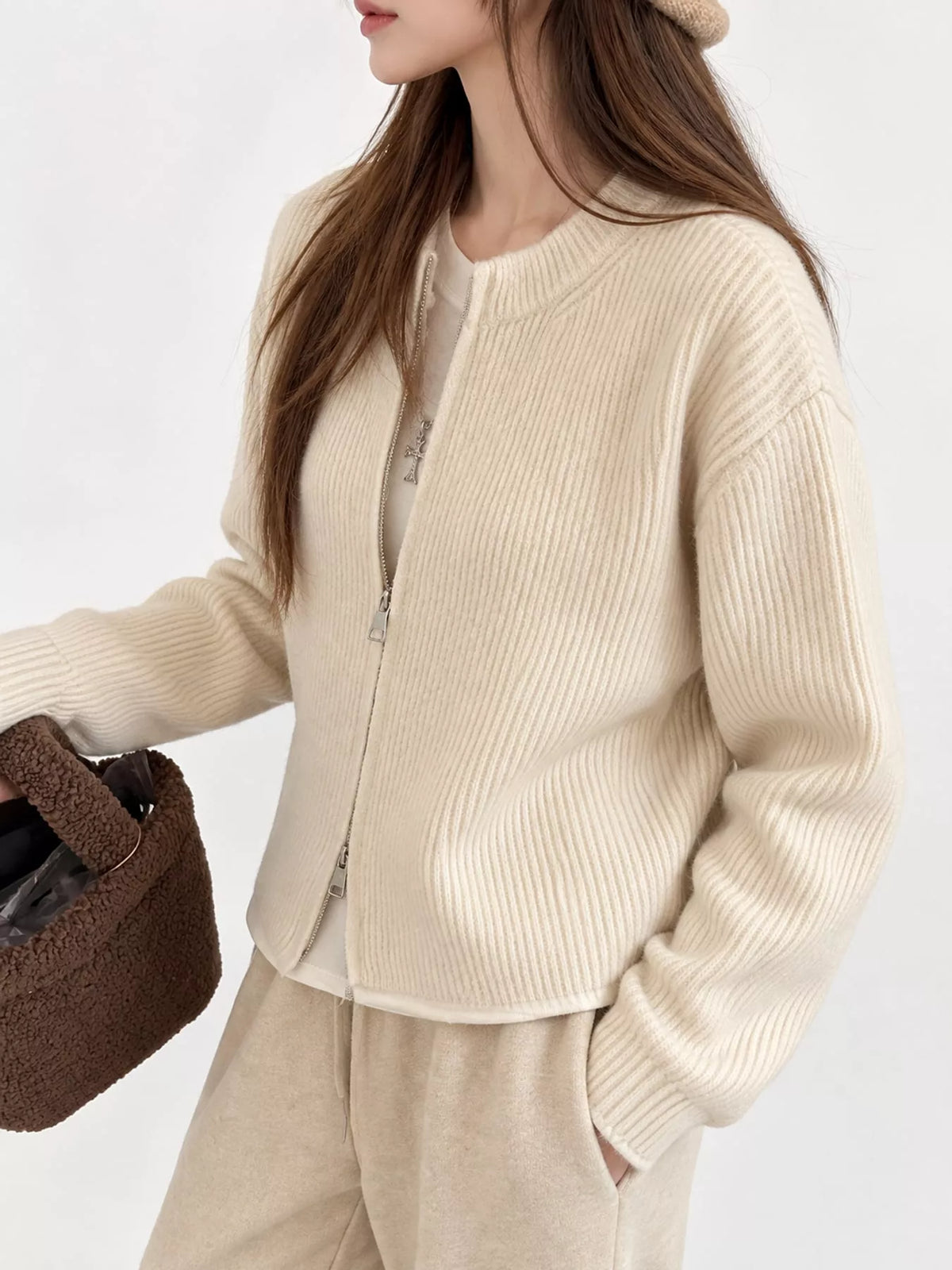 Zip-Up Dropped Shoulder Ribbed Cardigan