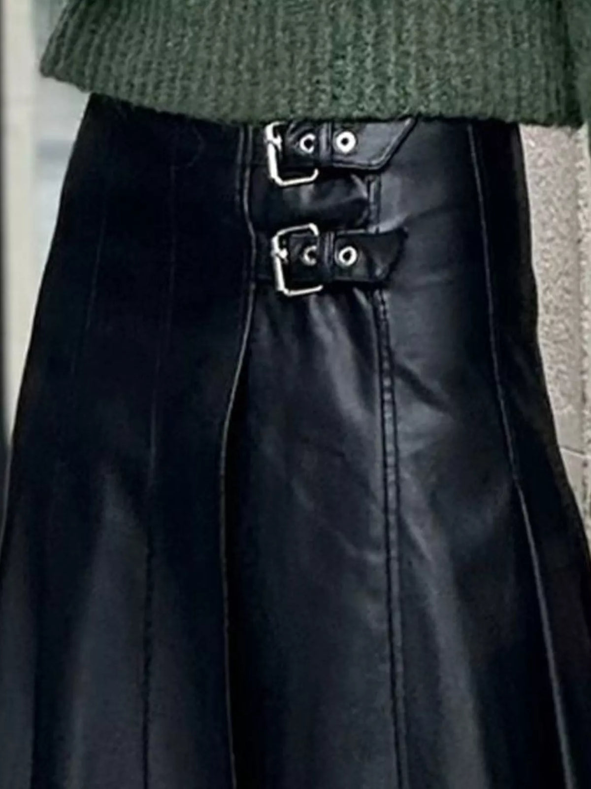 Buckle Detail Faux Leather Midi Skirt in Black