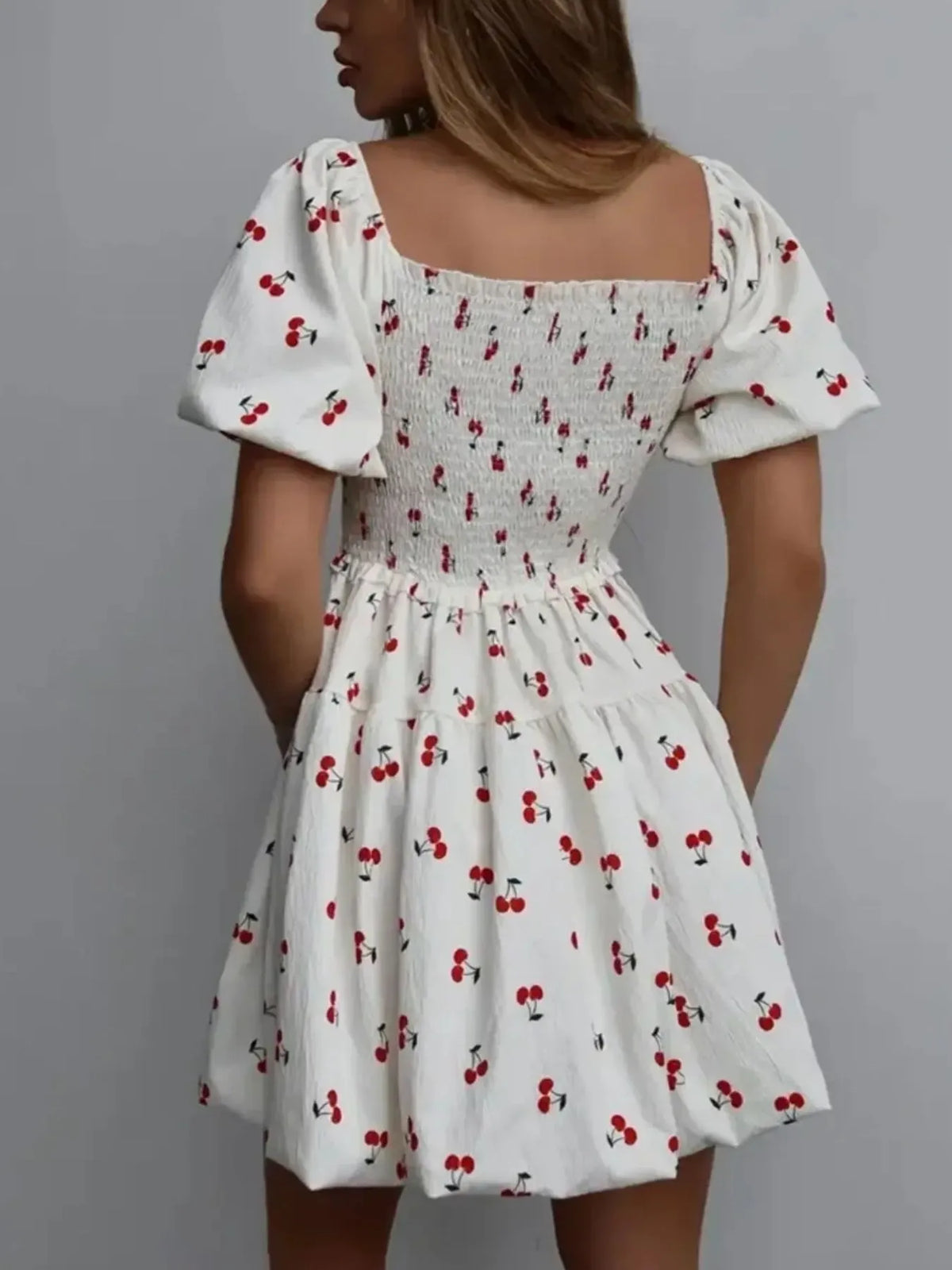 Puff Sleeve Cherry Print Smocked Dress in White