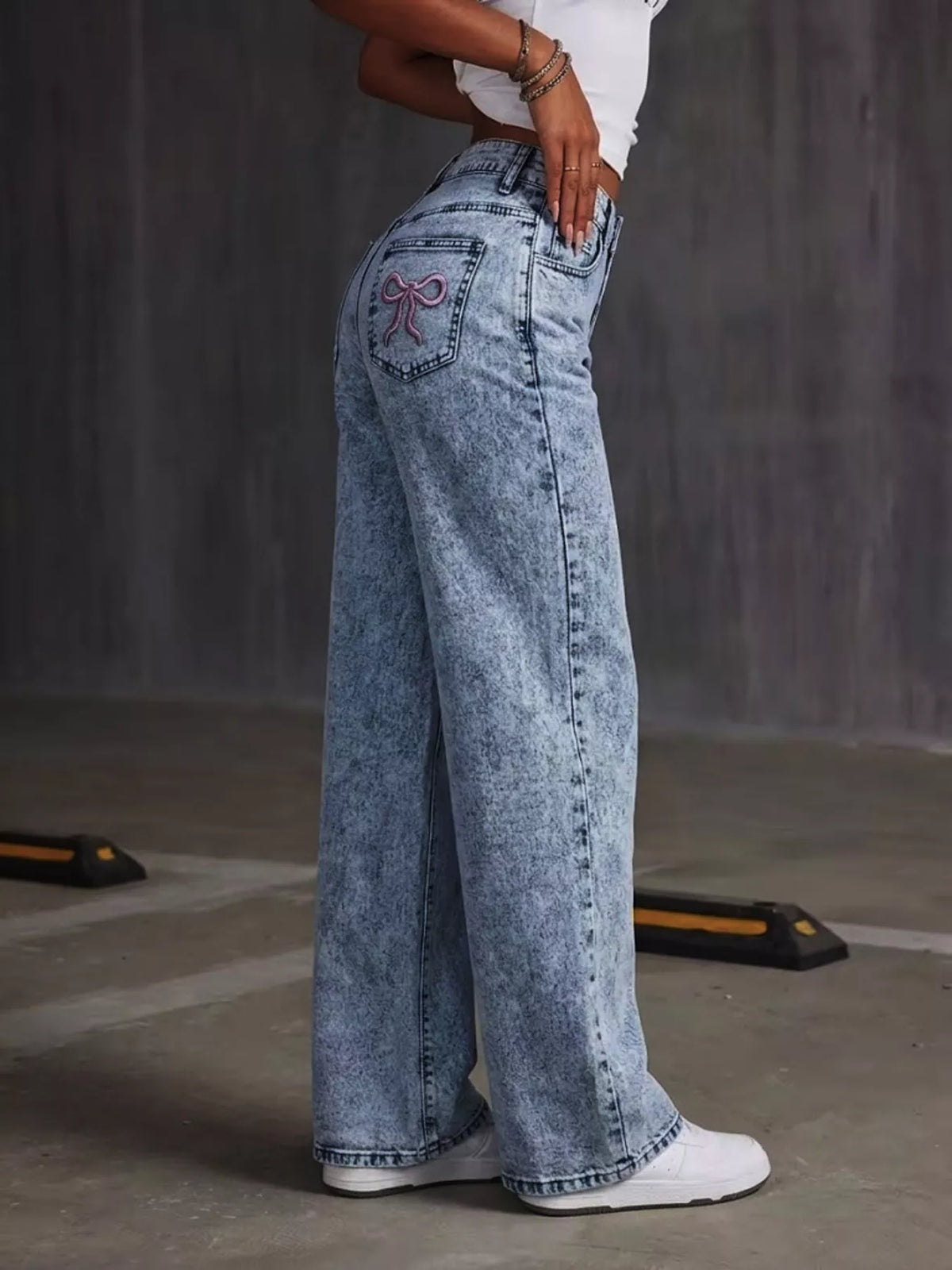 Embroidered Bow Wide Leg Jeans in Dusty Blue