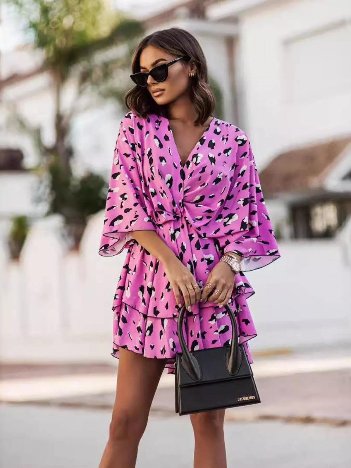 Tiered Surplice Mini Dress with Belt