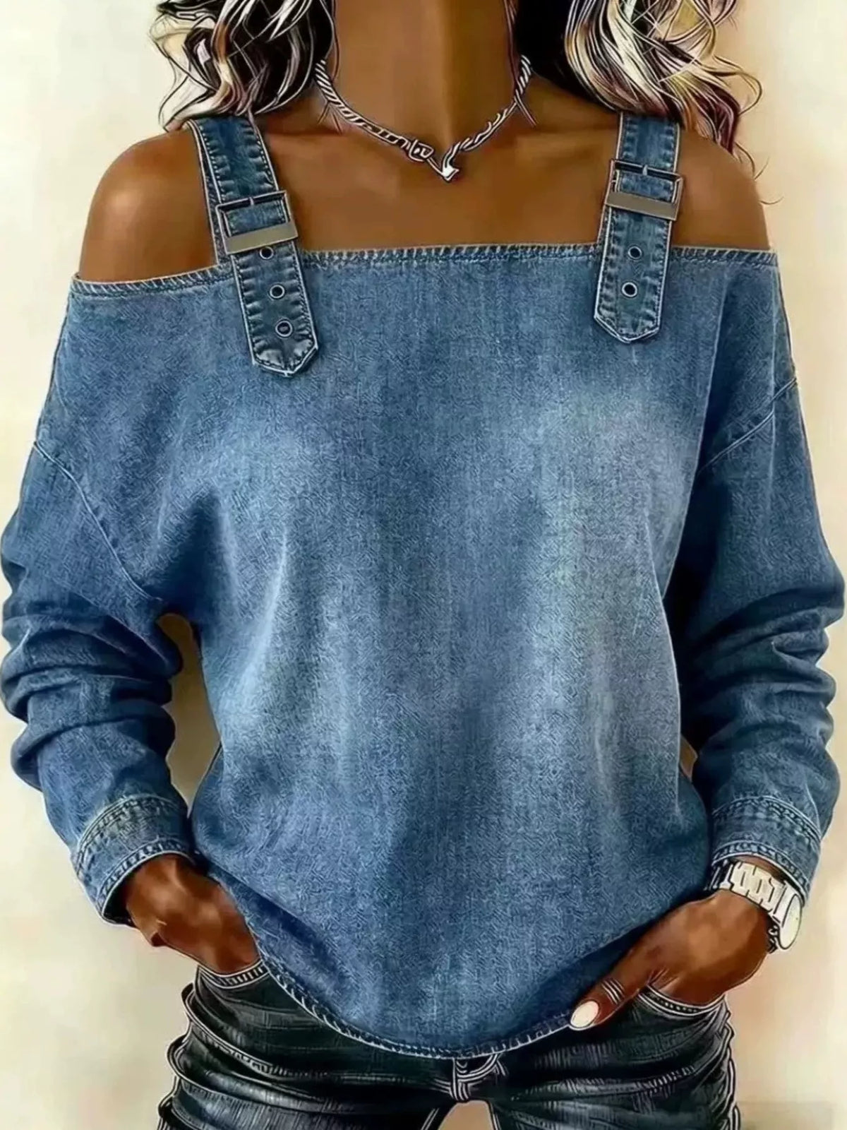 Long Sleeve Buckle Strap Denim Top