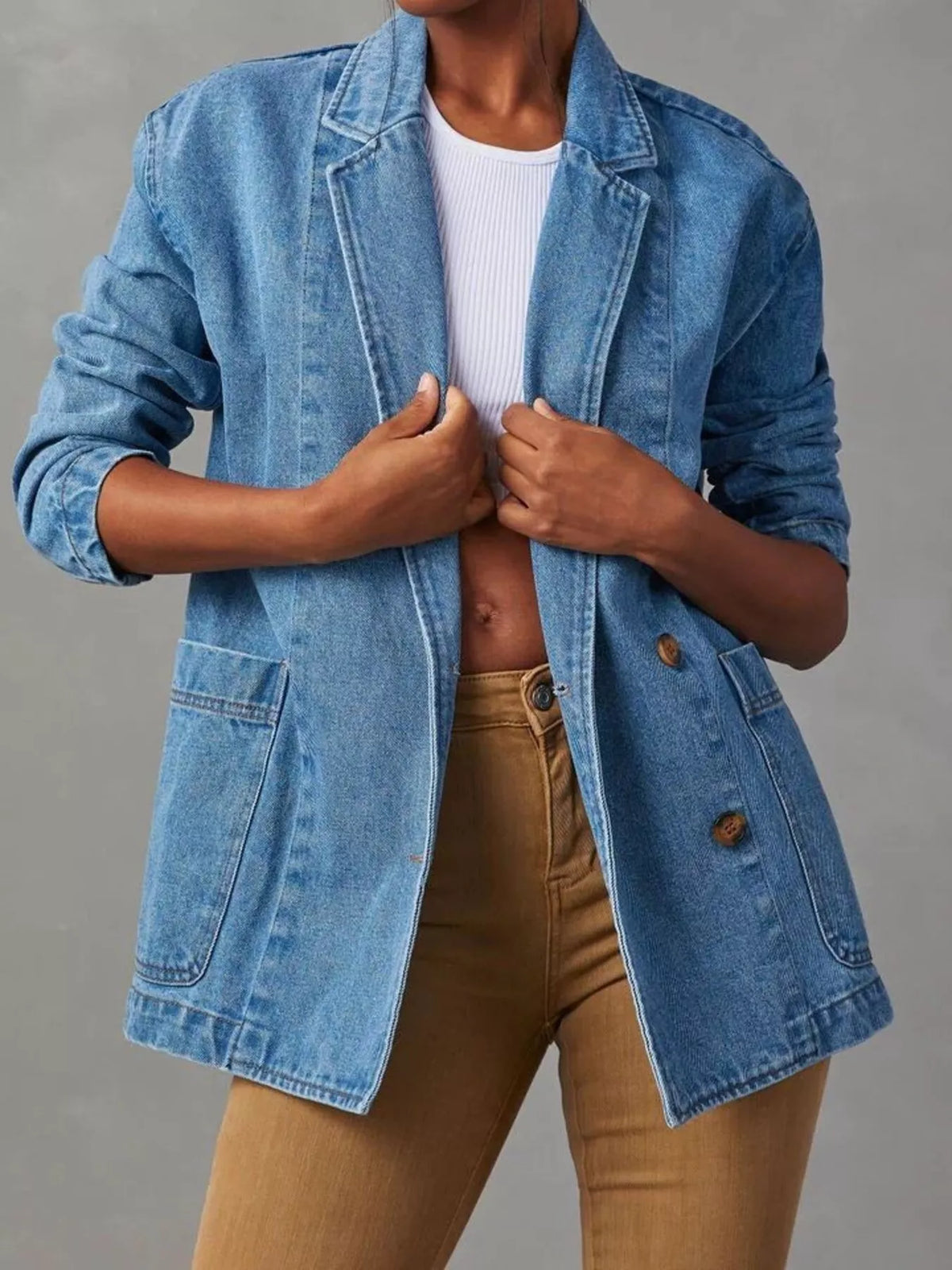 Button-Down Denim Blazer in Light Blue by Invera