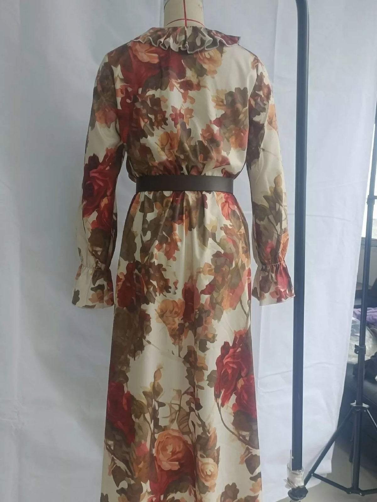 Belted Ruffle-Trim High-Low Maxi Dress in Floral