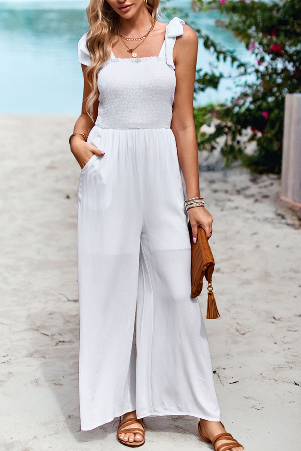 Frill Trim Tie-Shoulder Wide Leg Jumpsuit by DY