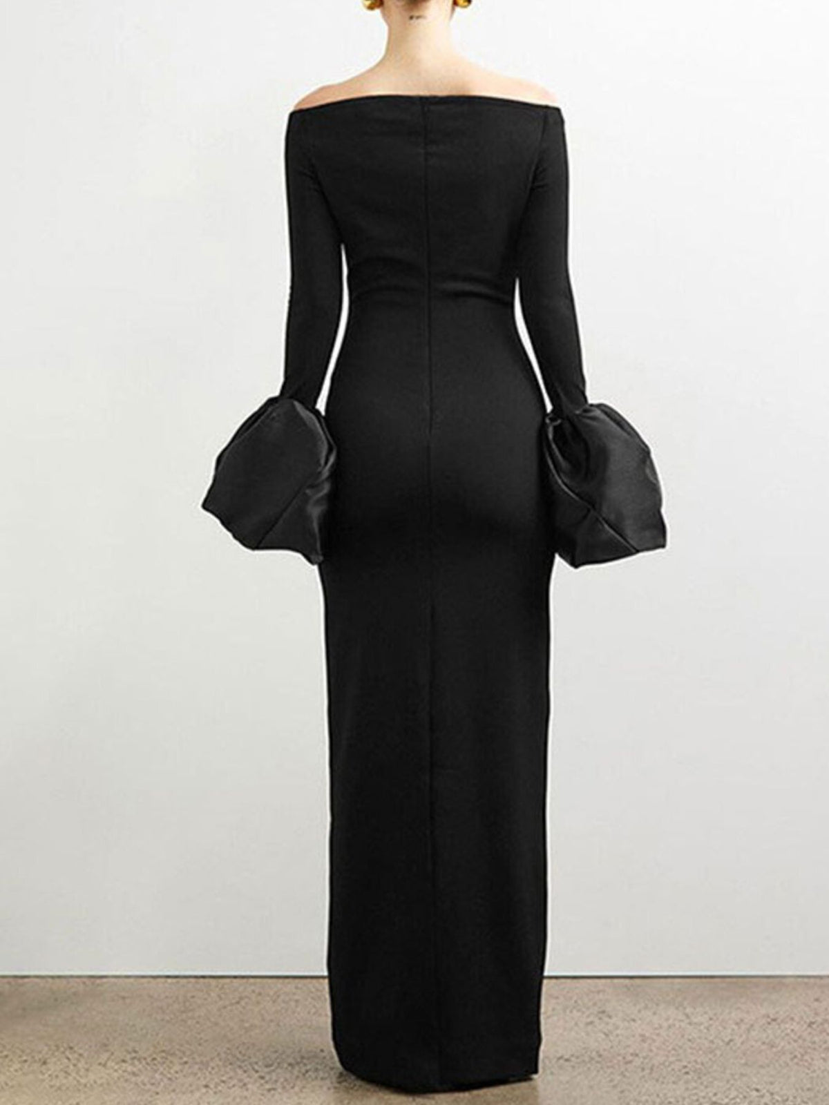 Off-Shoulder Flounce Sleeve Maxi Dress in Black