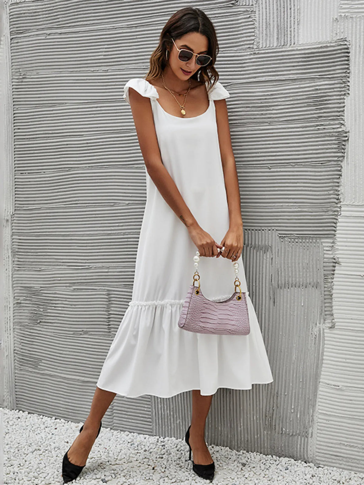 Ruffled Hem Tiered Midi Dress in White by ArtisticExpression