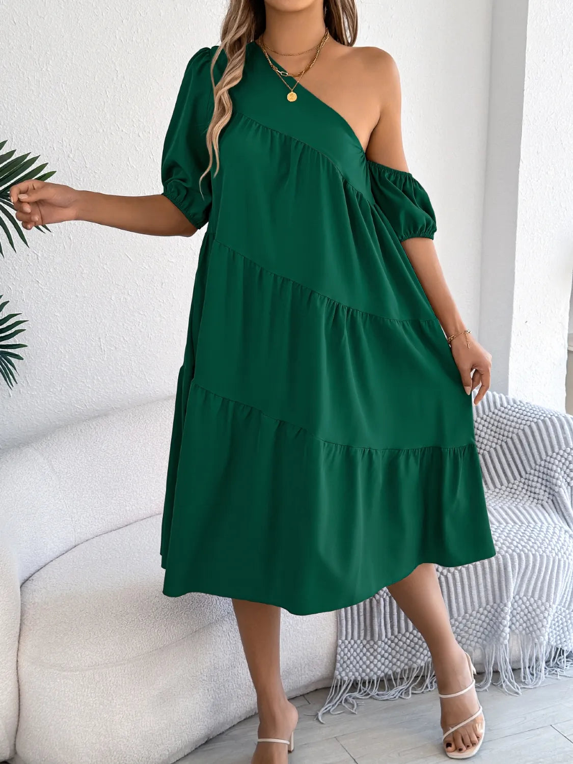 Asymmetrical Single-Shoulder Tiered Dress
