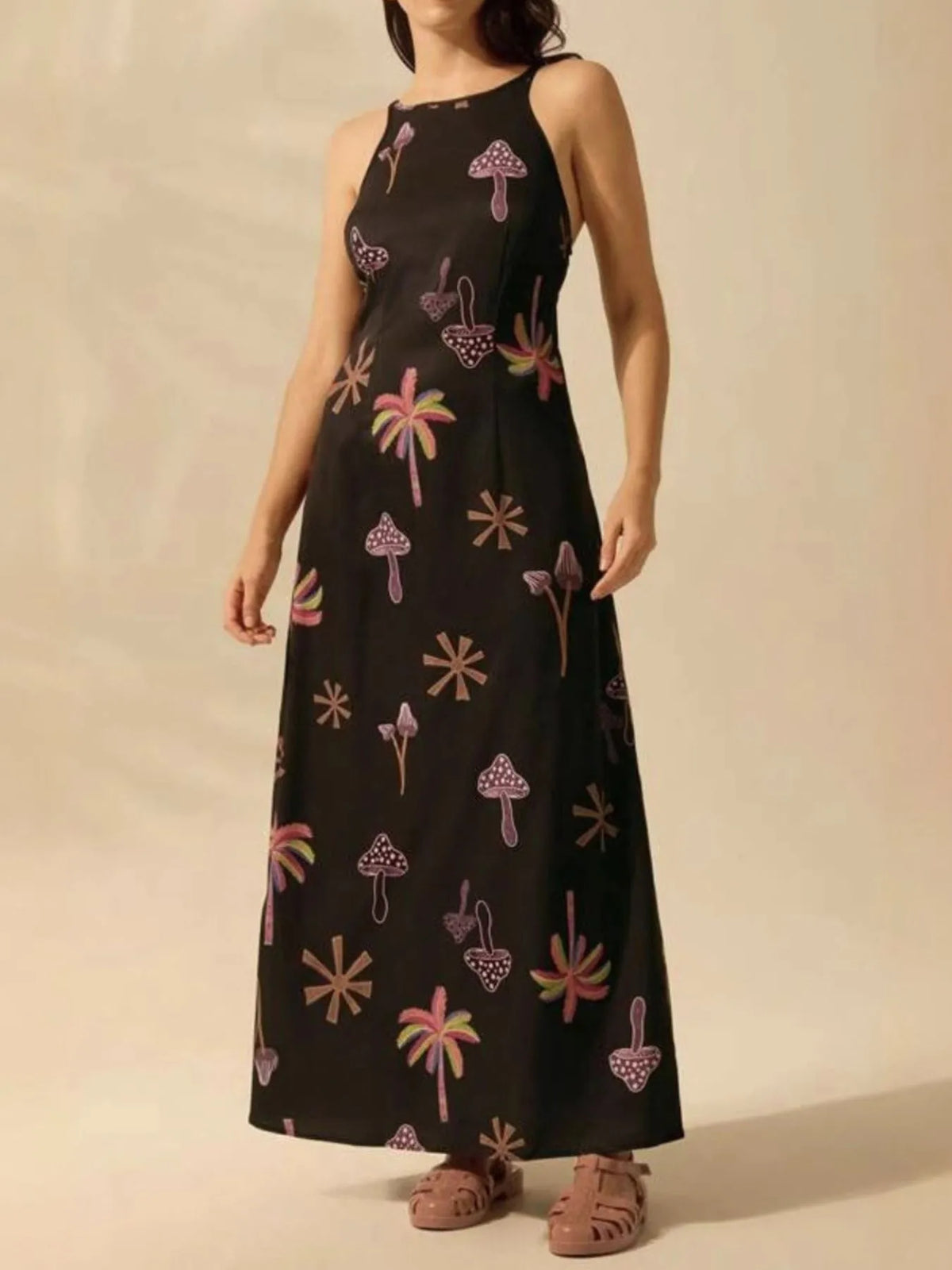 Printed Sleeveless Maxi Dress with Tie Detail by Rosaline