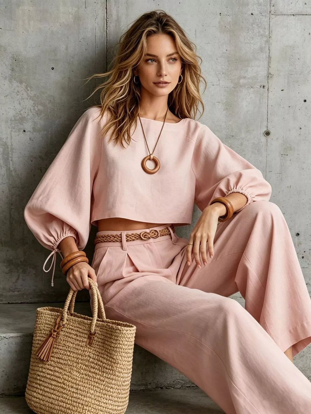 Balloon Sleeve Crop Top and Wide-Leg Pants Set