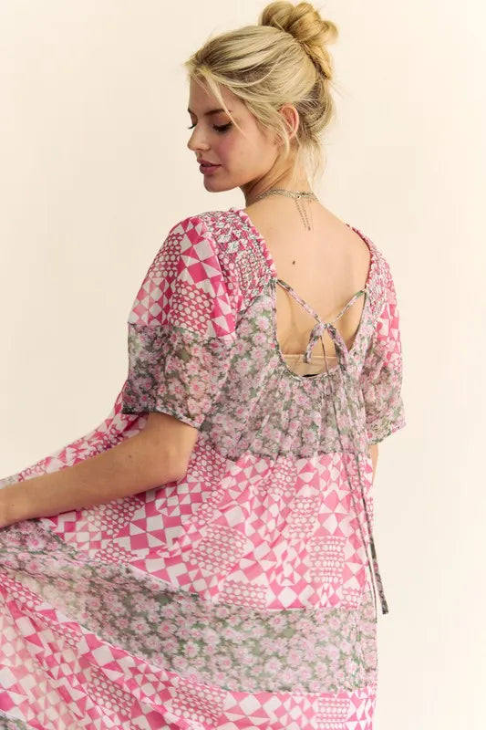 Multi Floral Square Neck Puff Sleeve Maxi Dress in Indian Pink