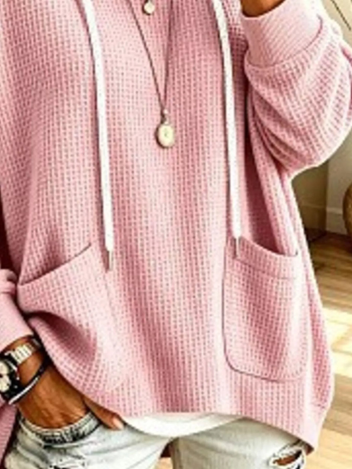 Waffle Knit Hoodie with Pockets