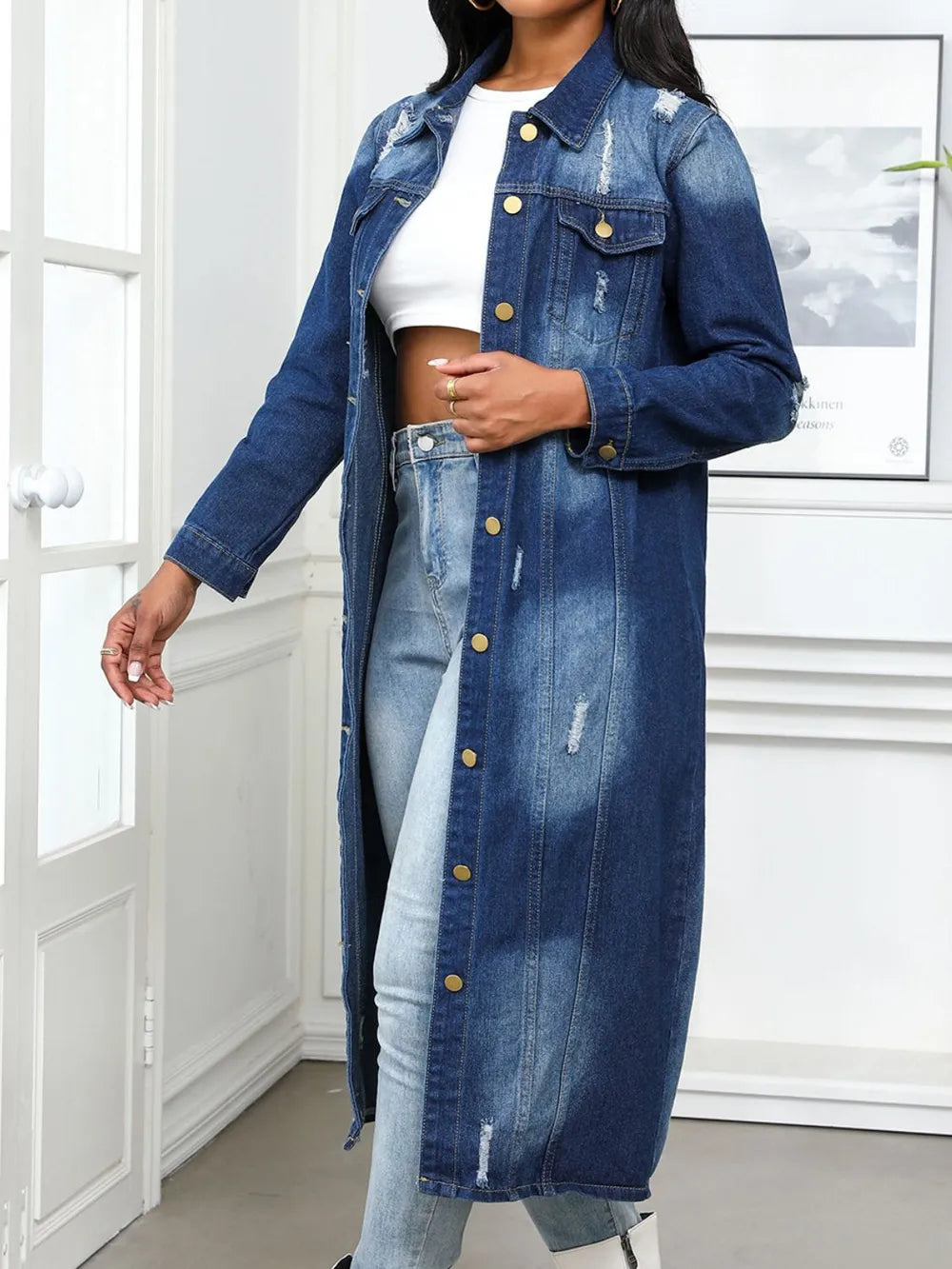 Distressed Button-Up Collared Denim Top in Medium Wash by DE.C.H & K.M