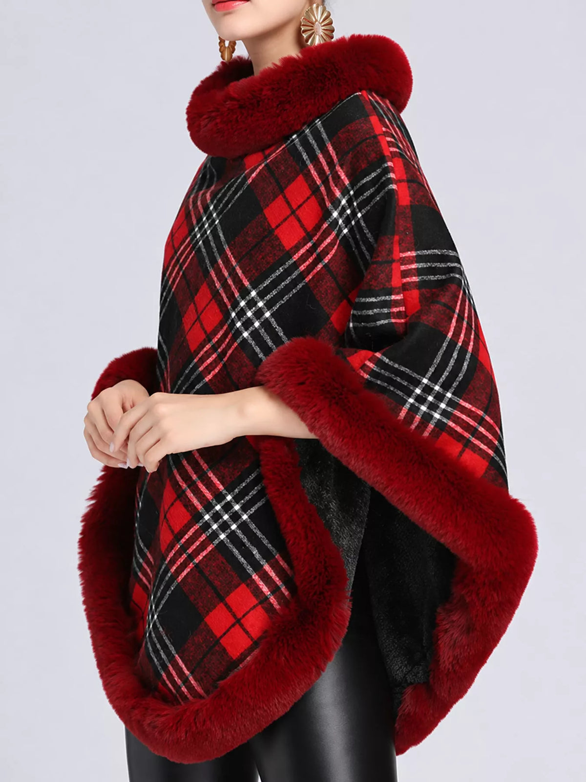 Plaid Faux Fur Trim Poncho Cape