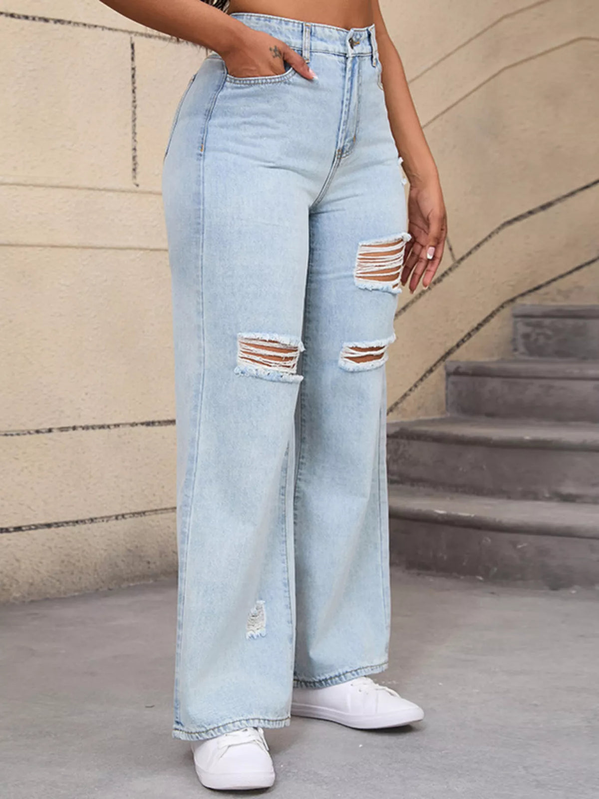 Distressed Wide Leg Jeans with Cat's Whisker Detail