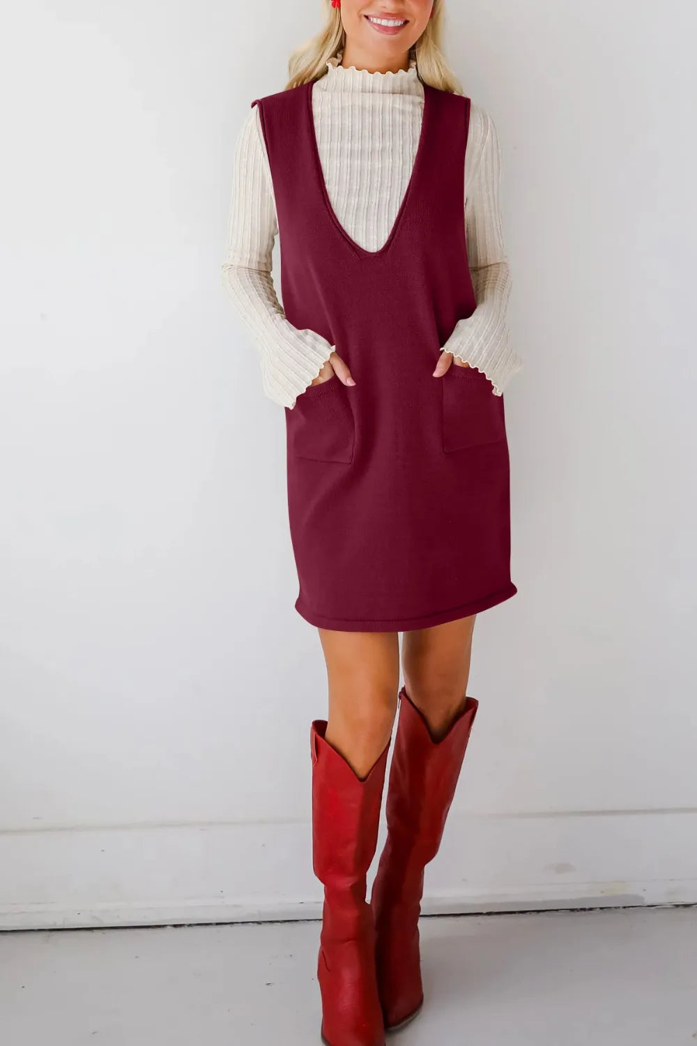 Pocketed V-Neck Sweater Overall Dress