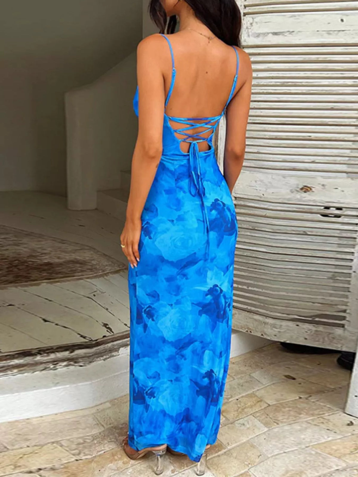 Floral Print Spaghetti Strap Maxi Cami Dress in Blue