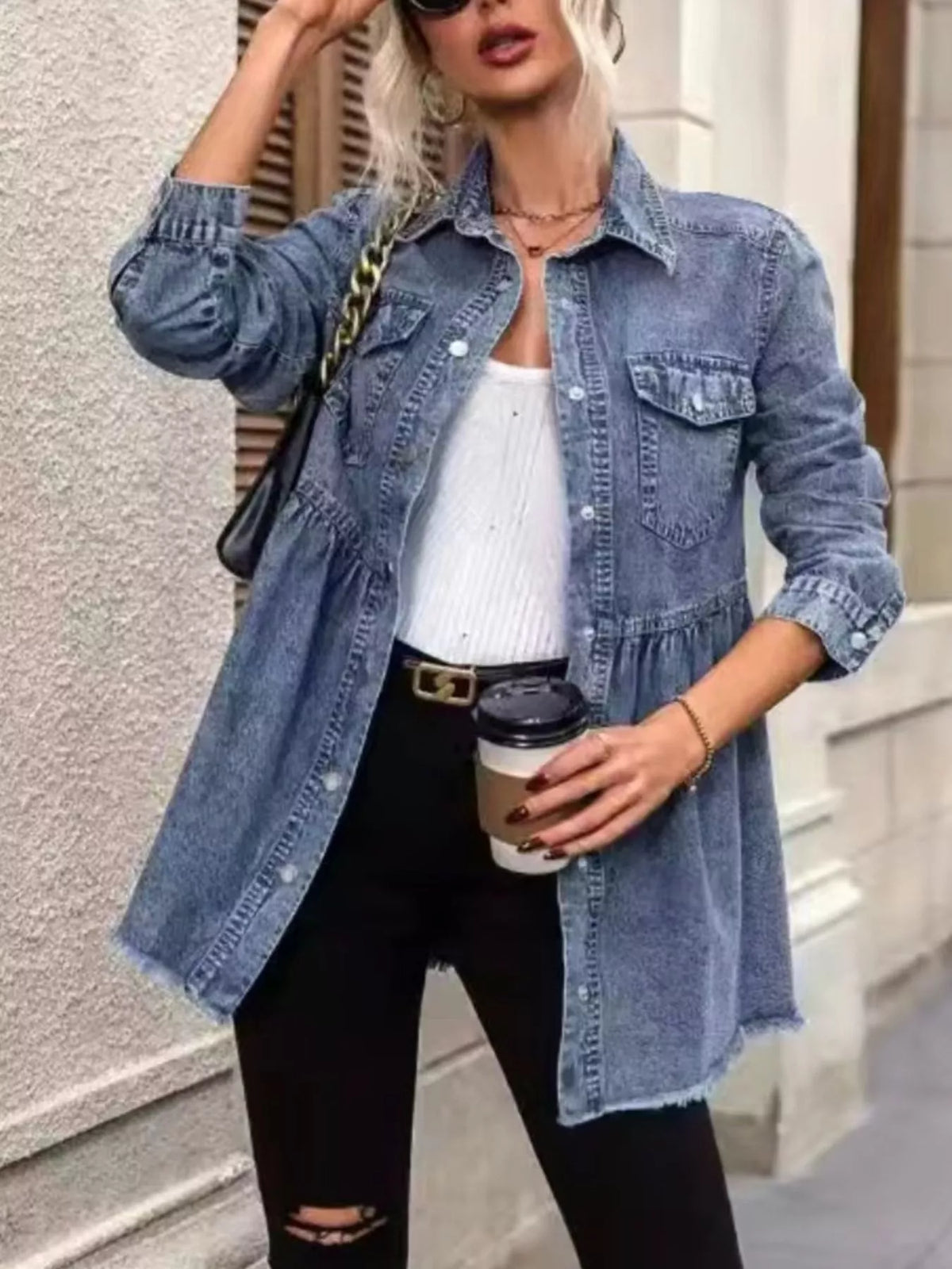 Peplum Hem Denim Jacket in Dusty Blue by Invera
