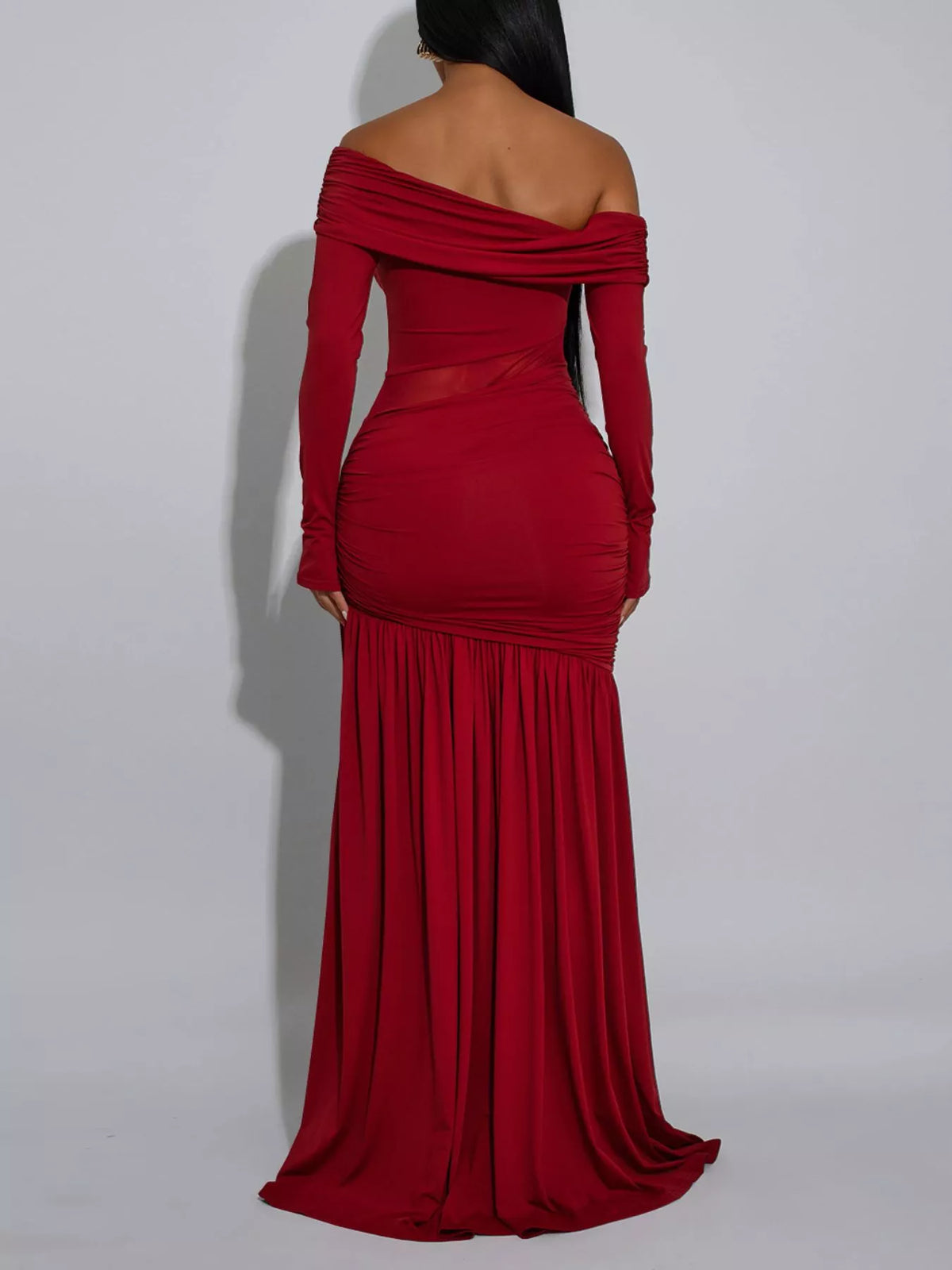 Off-Shoulder Sheer Mesh Maxi Dress with Slit