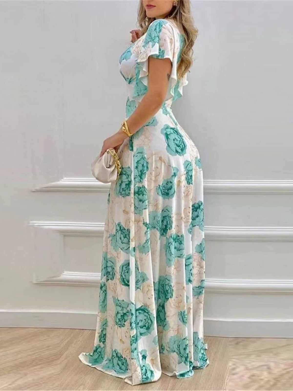 Plus Size Floral Flutter Sleeve Maxi Dress in Light Green