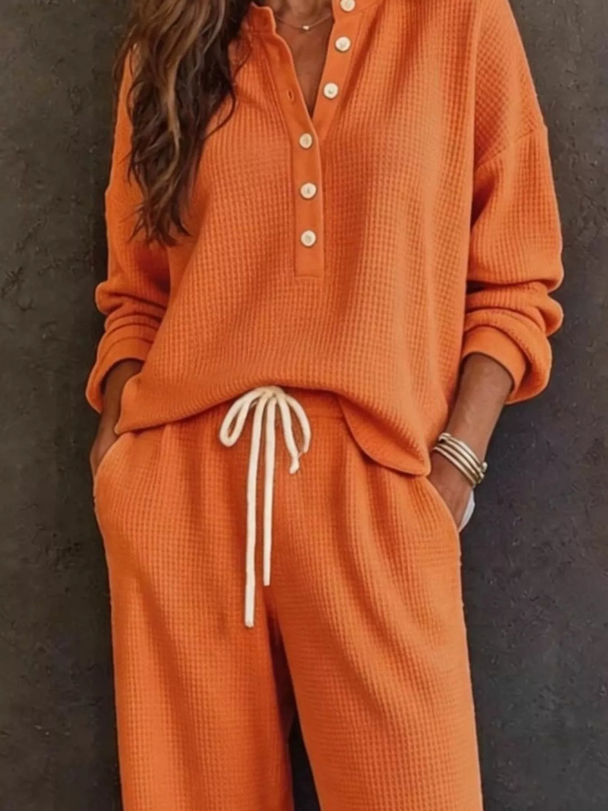 Waffle-Knit Button Detail Top and Pants Set