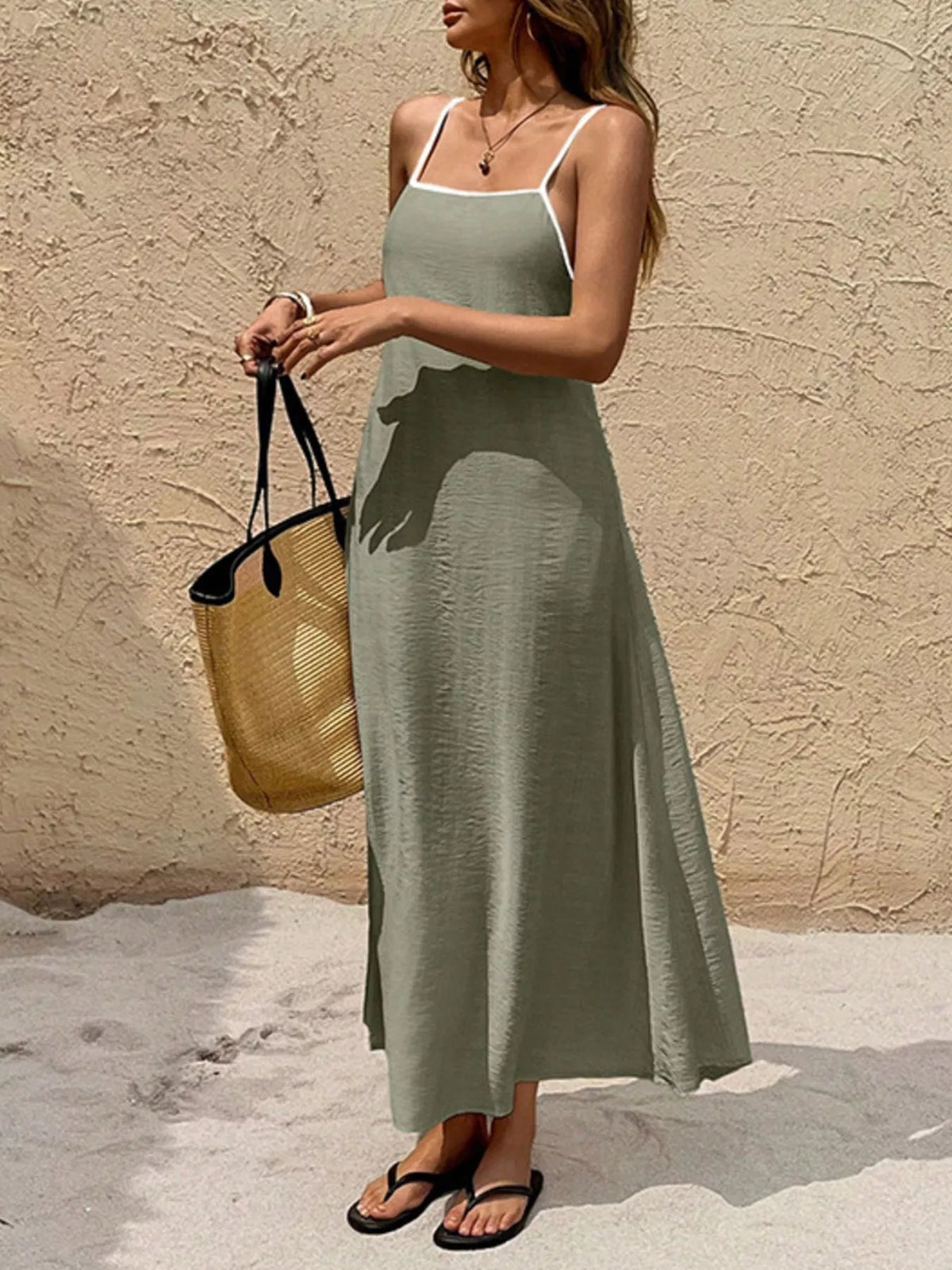 Spaghetti Strap Maxi Dress with Contrasting Trim in Olive