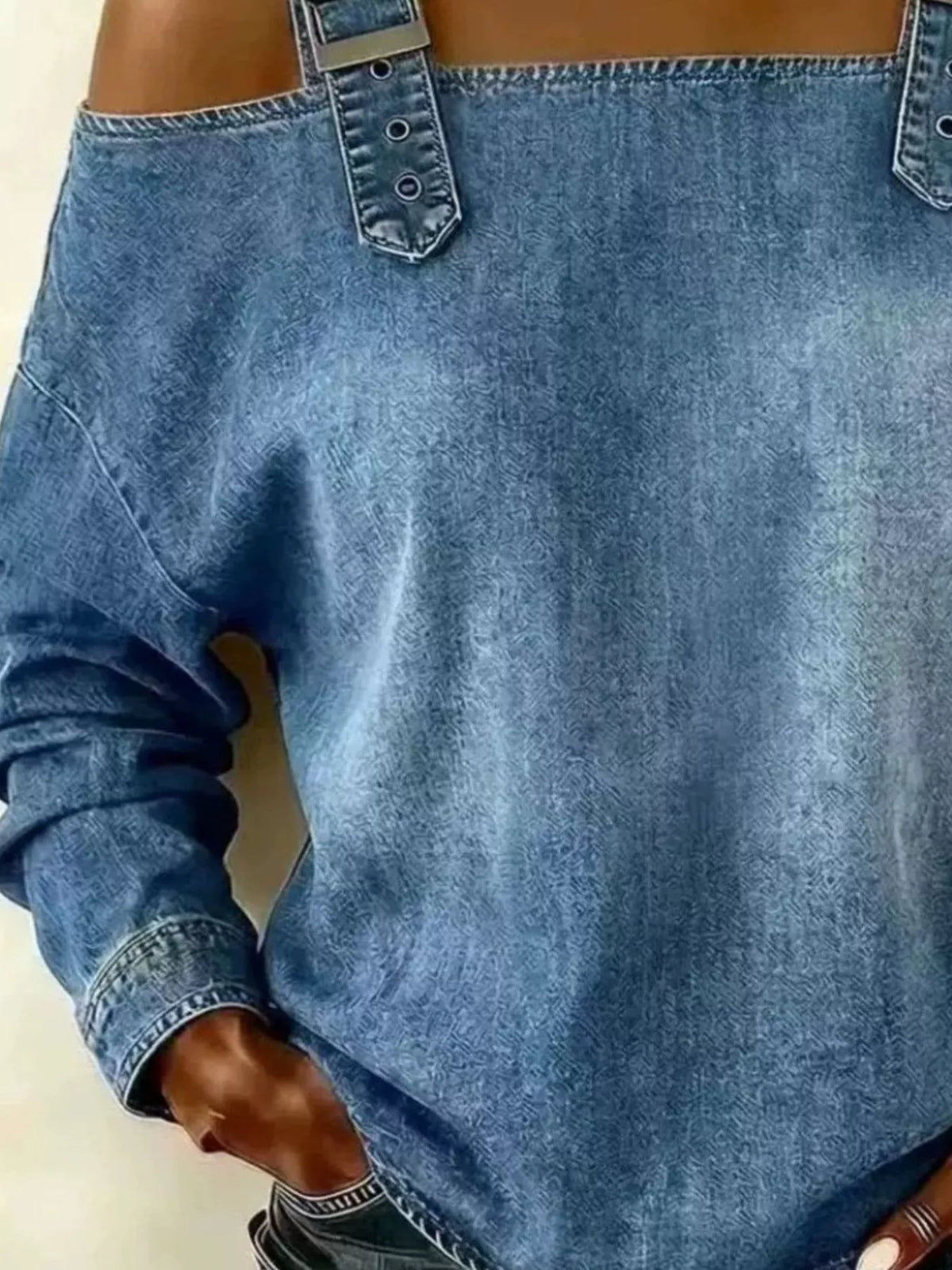 Long Sleeve Buckle Strap Denim Top