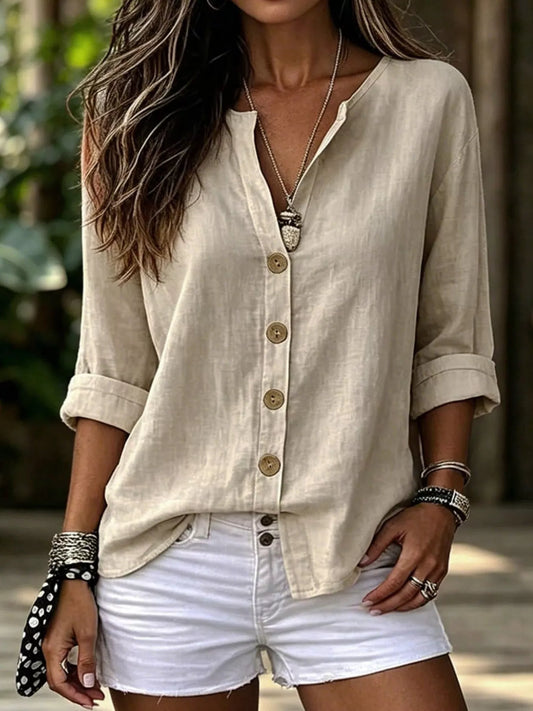 V-Neck Button-Up Long Sleeve Shirt
