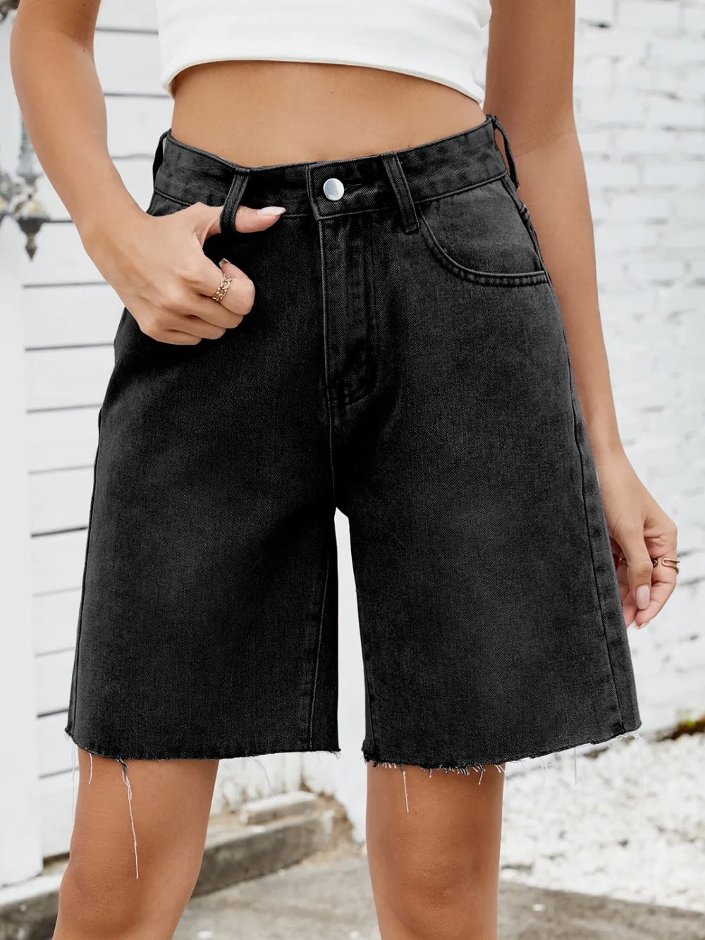 Washed Raw Hem Denim Shorts by Moni Wear