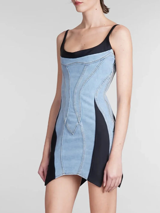 Contrast Adjustable Strap Denim Dress in Blue