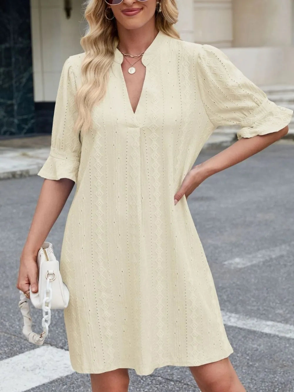 Eyelet Flounce Sleeve Mini Dress