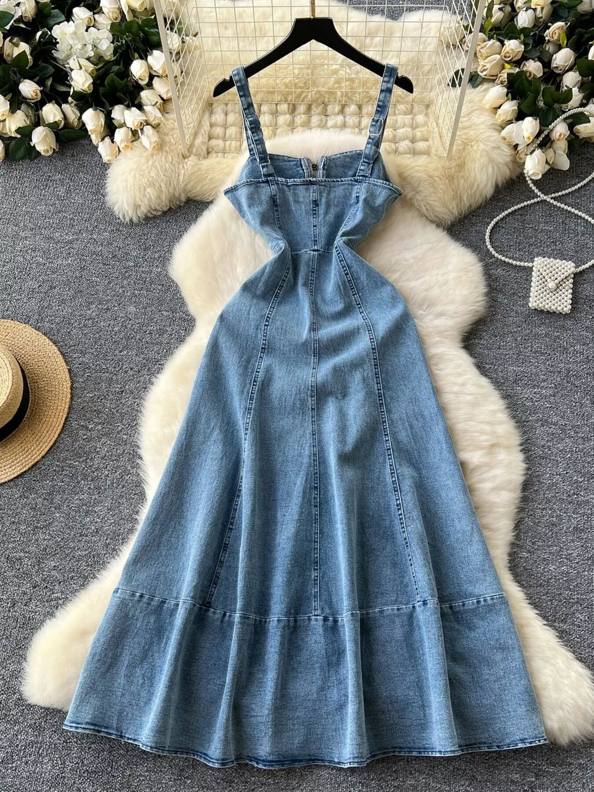 Sleeveless Zip-Front A-Line Denim Dress in Blue