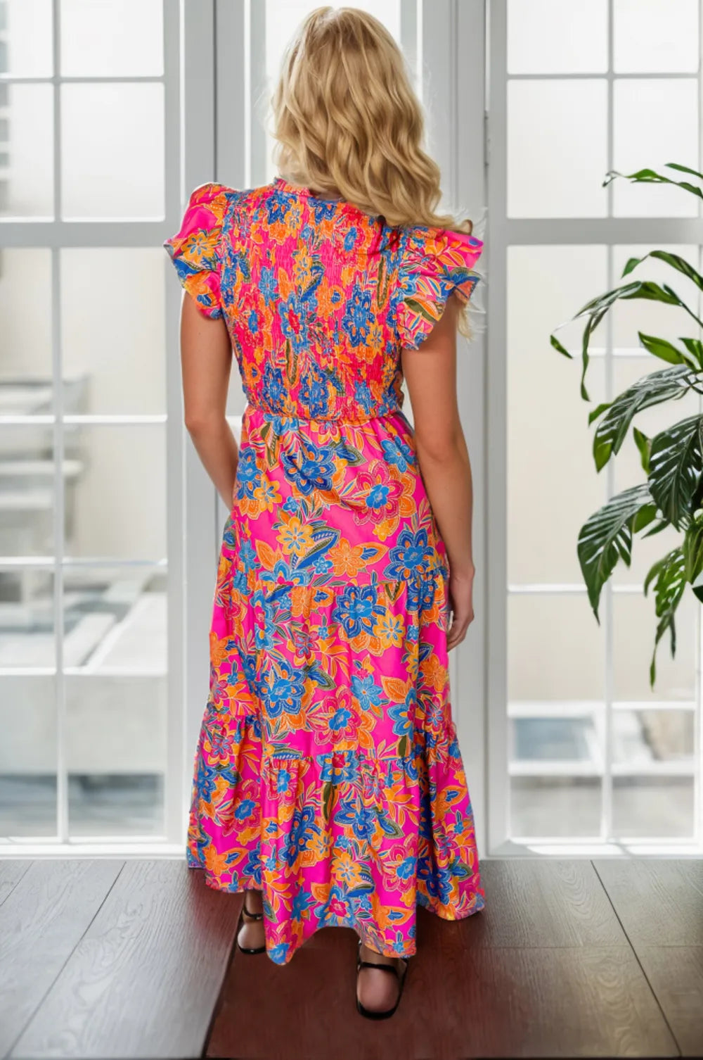Floral V-Neck Cap Sleeve Midi Dress