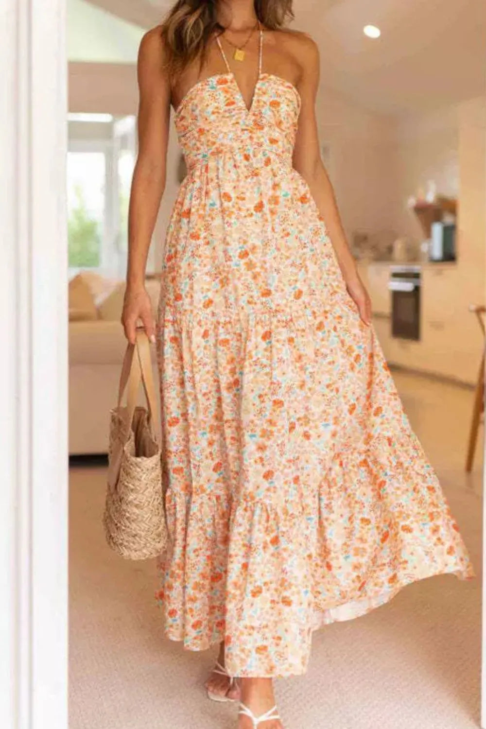 Floral Halter Tiered Maxi Dress in Watermelon Pink