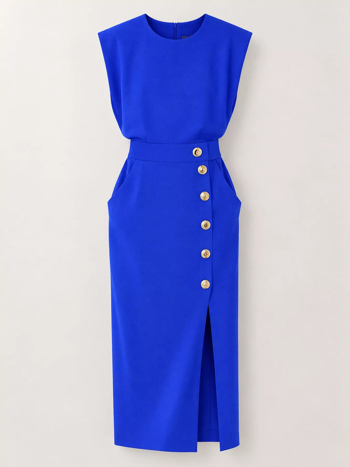 Sleeveless Midi Dress with Gold Button Detail