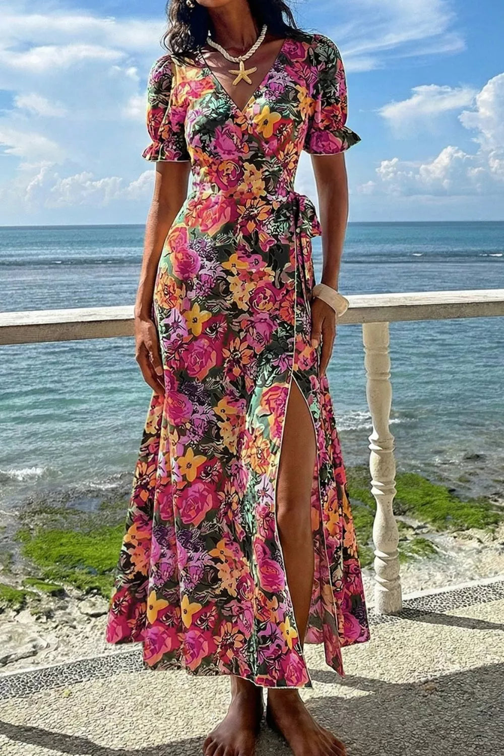 Floral Short-Sleeve Maxi Dress with Tie Detail