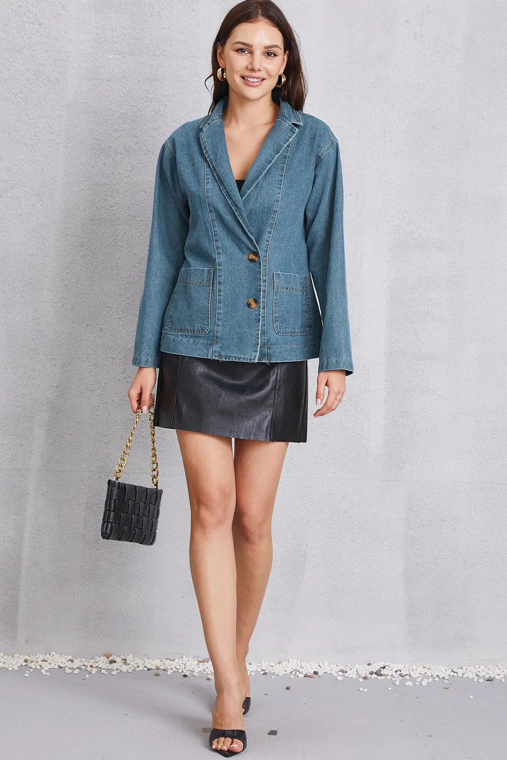 Long Sleeve Pocketed Denim Jacket in Medium Wash by Y.Y@Denim