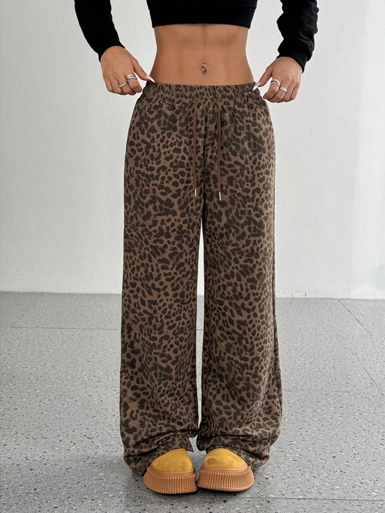 Leopard Print Wide Leg Pants, Plus Size