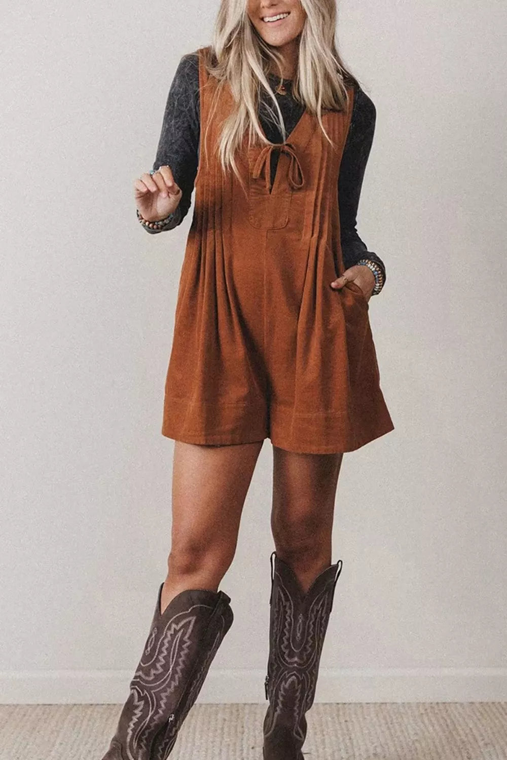 Tie V-Neck Corduroy Romper in Caramel