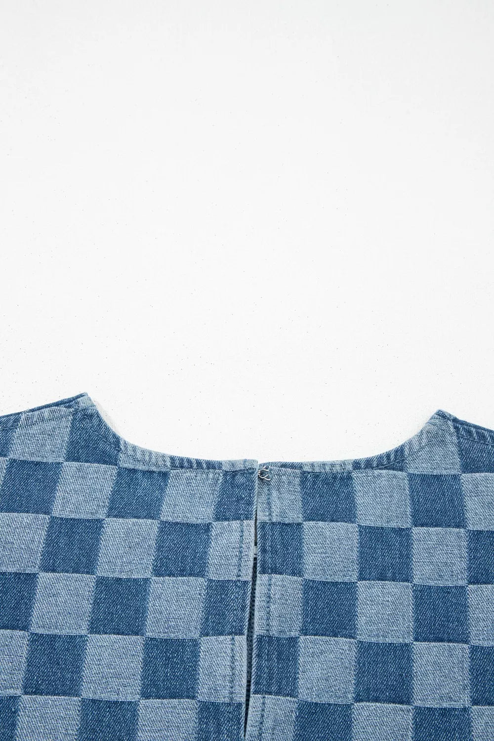 Frayed Hem Checkered Denim Mini Dress in Medium