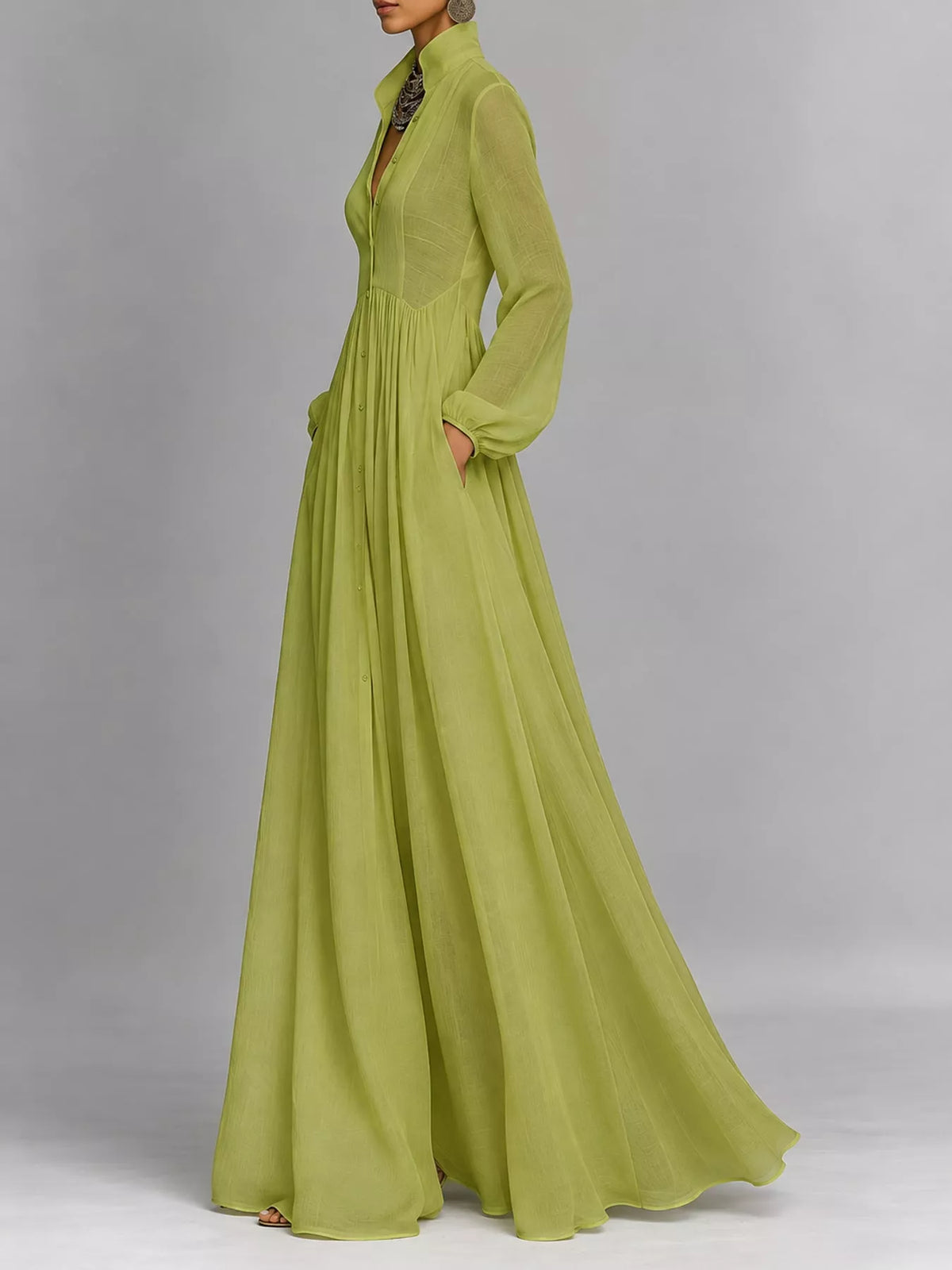 Long-Sleeve Button Front Maxi Dress